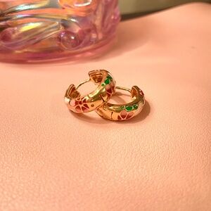 Antique Style Floral Enamel Hoop Earrings